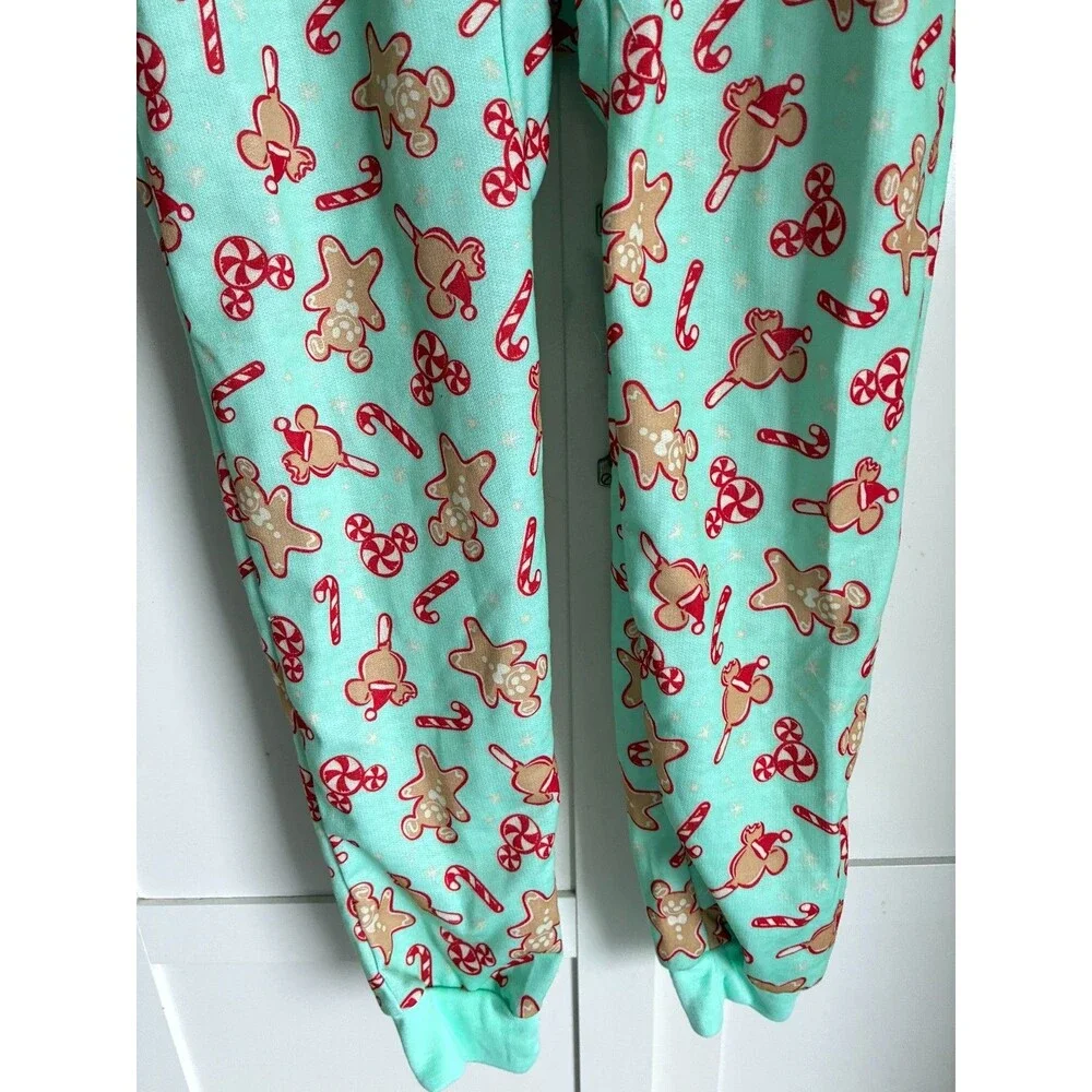 Disney Hooded One-Piece Pajama Girls Size 7/8 Mint Green Mickey Gingerbread Zip